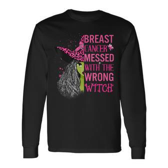 Breast Cancer Messed With The Wrong Pink Witch Hat Halloween V2 Long Sleeve T-Shirt - Seseable