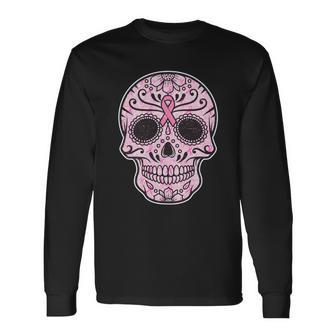 Breast Cancer Sugar Skull Day Of The Dead Dia De Los Muertos Long Sleeve T-Shirt - Monsterry UK
