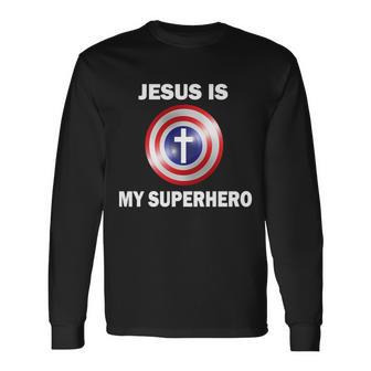 Captain Jesus Is My Superhero Cross Logo Long Sleeve T-Shirt - Monsterry CA