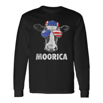 Cow 4Th Of July Moorica Merica Men American Flag Sunglasses Long Sleeve T-Shirt - Seseable