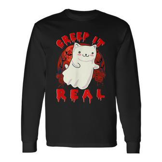 Creep It Real Cute Kitty Cat Ghost In Spooky Halloween Night Long Sleeve T-Shirt - Seseable