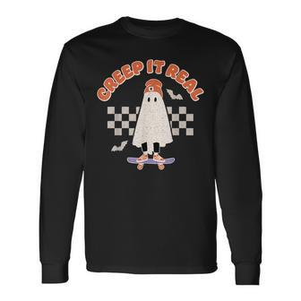 Creep It Real Ghost Skateboard Halloween Bat Checkered Sk8r Long Sleeve T-Shirt - Thegiftio UK