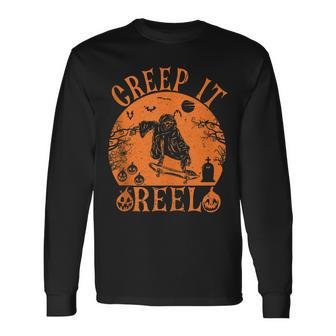 Creep It Real Ghost Men Skater Halloween Fall Season Long Sleeve T-Shirt - Thegiftio UK
