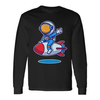 Cute Astronaut On Rocket Cartoon Long Sleeve T-Shirt - Monsterry