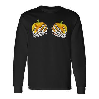 Cute Skeleton Hand Pumpkin Bra Costume Halloween Men Women Long Sleeve T-Shirt T-shirt Graphic Print - Thegiftio UK
