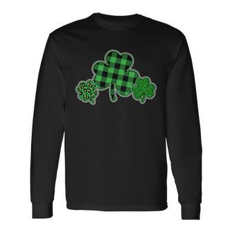 Cute St Patricks Day Plaid Leopard Print Shamrocks Clovers Long Sleeve T-Shirt - Thegiftio UK