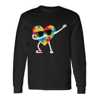 Dabbing Autism Awareness Puzzle Piece Heart Tshirt Long Sleeve T-Shirt - Monsterry CA