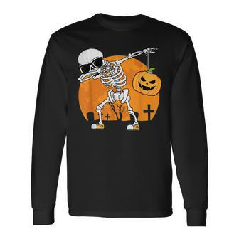 Dabbing Skeleton Halloween Pumpkin Skeleton Long Sleeve T-Shirt - Seseable