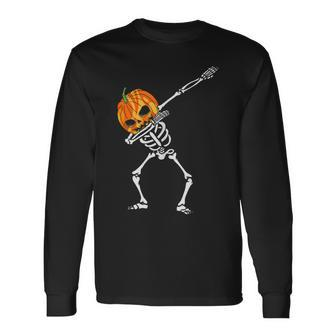 Dabbing Skeleton Pumpkin Head Halloween Dancing Skeleton Long Sleeve T-Shirt - Seseable