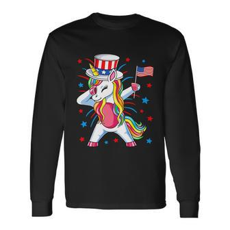 Dabbing Unicorn 4Th Of July Uncle Sam Girls American Flag Long Sleeve T-Shirt - Monsterry