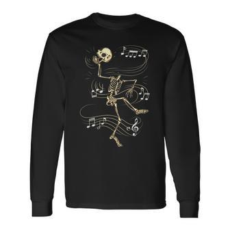 Dancing Skeleton Music Notes Skull Halloween Dance Of Death Long Sleeve T-Shirt - Seseable
