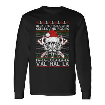 Deck The Halls Skulls Bodies Vikings Santa Ugly Christmas Sweater Long Sleeve T-Shirt - Monsterry DE
