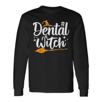 Dental Witch Hats Halloween Broom Stick Ghost Dentist Long Sleeve T-Shirt - Seseable