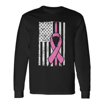 Distressed Breast Cancer Ribbon Flag Tshirt Long Sleeve T-Shirt - Monsterry DE