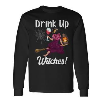 Drink Up Witches Witch With Big Wine Glass Halloween Long Sleeve T-Shirt - Seseable