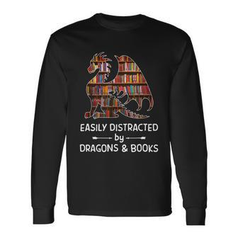 Easily Distracted By Dragon And Books Nerds Tshirt Long Sleeve T-Shirt - Monsterry AU