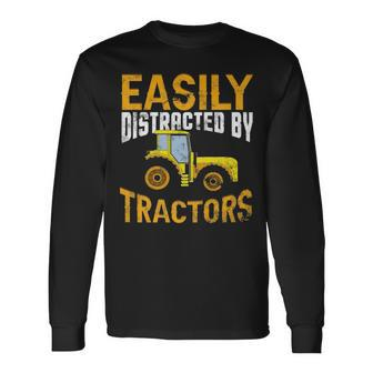 Easily Distracted By Tractors Cool Farm Farming Long Sleeve T-Shirt - Thegiftio UK