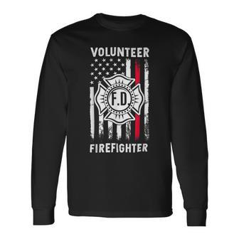 Firefighter Red Line Flag Fireman Wife Mom Volunteer Firefighter Long Sleeve T-Shirt - Seseable