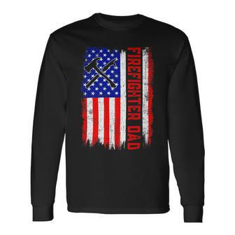 Firefighter Retro American Flag Firefighter Dad Jobs Fathers Day Long Sleeve T-Shirt - Seseable