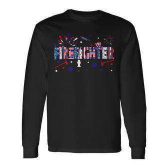 Firefighter Retro American Flag Firefighter Jobs 4Th Of July Fathers Day Long Sleeve T-Shirt - Seseable