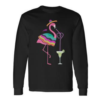 Flamingo Drinking Margarita Mexican Poncho Cinco De Mayo Long Sleeve T-Shirt - Thegiftio UK