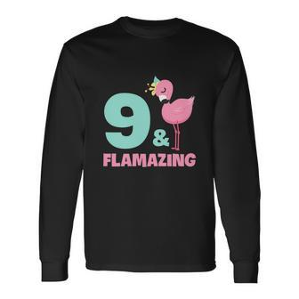 Flamingo Girl Birthday Party 9 Years Old Long Sleeve T-Shirt - Monsterry