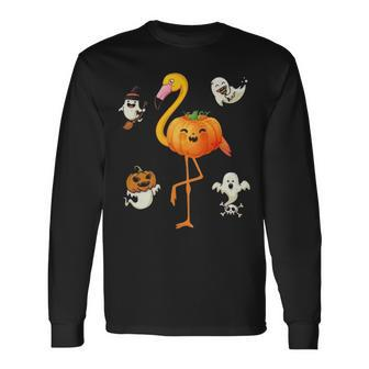 Flamingo Pumpkin Halloween Bird Lover For Girls And Boys Tshirt Long Sleeve T-Shirt - Monsterry CA