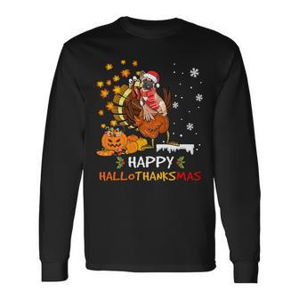 French Bulldog Halloween And Merry Xmas Happy Hallothanksmas Sweatshirt Men Women Long Sleeve T-Shirt T-shirt Graphic Print - Thegiftio UK