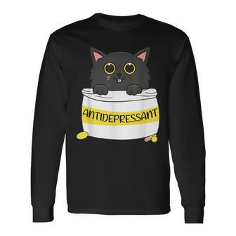 Fur Antidepressant Cute Black Cat Illustration Pet Lover Long Sleeve T-Shirt - Seseable