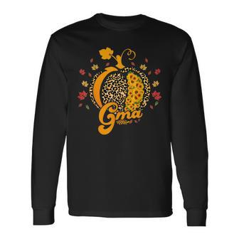 G-Ma Pumpkin Leopard Print Sunflower Grandma Halloween Fall Long Sleeve T-Shirt - Seseable