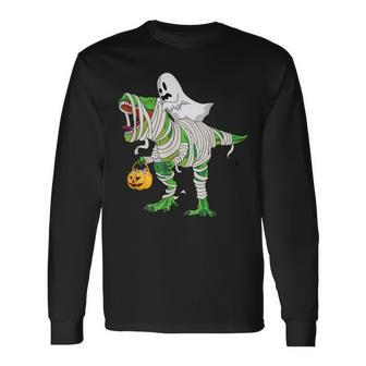 Ghost Riding Rex Mummy Dinosaur Halloween Long Sleeve T-Shirt - Seseable