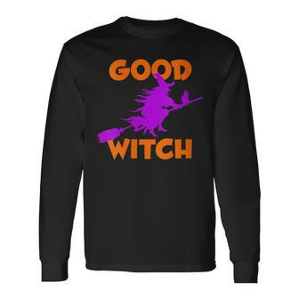 Good Witch Halloween Riding Broomstick Silhouette Long Sleeve T-Shirt - Seseable
