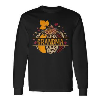 Grandma Pumpkin Leopard Sunflower Halloween Long Sleeve T-Shirt - Seseable