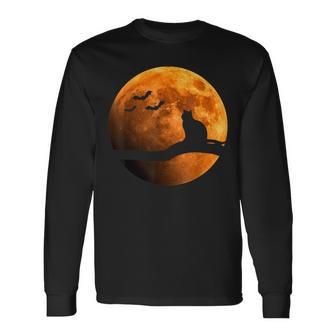 Halloween Black Cat Orange Full Moon And Bats Long Sleeve T-Shirt - Seseable
