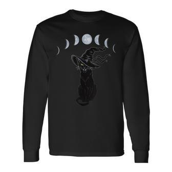 Halloween Black Cat With Witch Hat And Phases Of The Moon Long Sleeve T-Shirt - Seseable