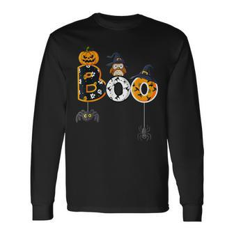 Halloween Boo Owl With Witch Hat Spiders Boys Girls Long Sleeve T-Shirt - Seseable