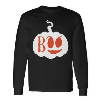 Halloween Boo - Pumpkin Orange And White Men Women Long Sleeve T-shirt Graphic Print Unisex - Seseable