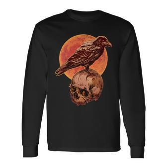 Halloween Cool Raven Crow Skull And Moon Long Sleeve T-Shirt - Monsterry UK