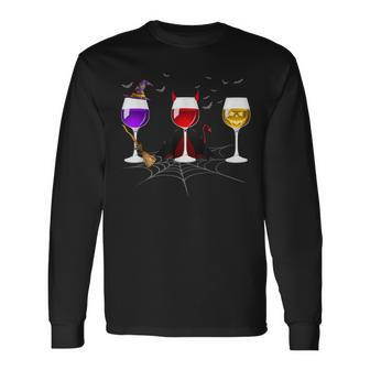 Halloween Costume Drink Wine Glasses Witch Hat Pumkin Spider Long Sleeve T-Shirt - Seseable