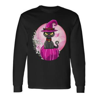 Halloween Cute Black Cat On Pumpkin Full Moon Women Long Sleeve T-Shirt - Seseable