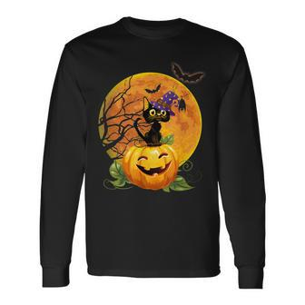 Halloween Cute Witch Cat Mom Pumpkin Moon Spooky Cat Long Sleeve T-Shirt - Seseable