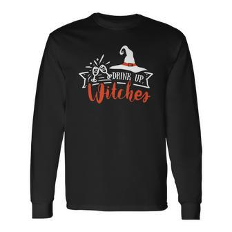 Halloween Drink Up Witches Orange And White Men Women Long Sleeve T-shirt Graphic Print Unisex - Seseable