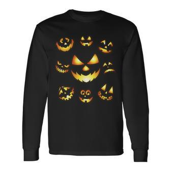 Halloween Jack Olantern Pumpkin Faces Long Sleeve T-Shirt - Monsterry