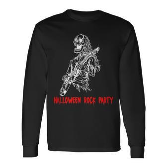 Halloween Rock Party Dancing Guitar Skeleton Playing Rock Long Sleeve T-Shirt - Seseable