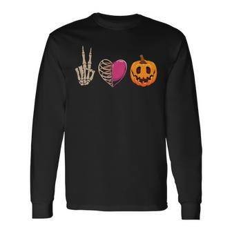 Halloween Skeleton Peace Love Pumpkin Leopard Heart Apparel Long Sleeve T-Shirt - Seseable