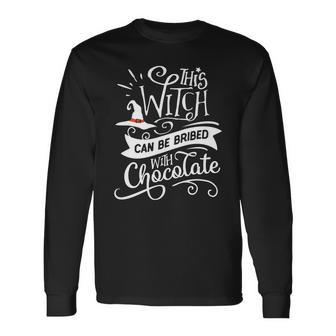 Halloween This Witch Can Be Bribed With Chocolate White And Orange Men Women Long Sleeve T-shirt Graphic Print Unisex - Seseable
