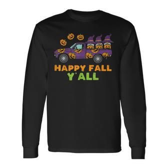 Happy Fall Yall Truck Gnomes Pumpkins Halloween Autumn Women Long Sleeve T-Shirt - Seseable