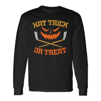 Hat Trick Or Treat Hockey Scary Pumpkin Face Halloween Men Women Long Sleeve T-Shirt T-shirt Graphic Print - Thegiftio UK