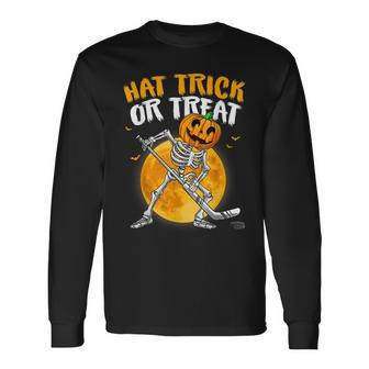 Hat Trick Or Treat Skeleton Pumpkin Ice Hockey Halloween Men Women Long Sleeve T-Shirt T-shirt Graphic Print - Thegiftio UK