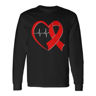 Heart Disease Health Awareness Heartbeat Red Ribbon Long Sleeve T-Shirt - Monsterry UK